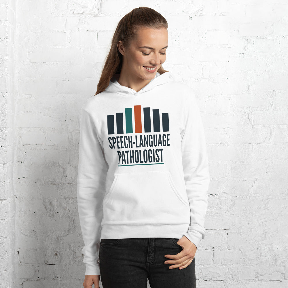 Mid-Century Clinic speech therapy hoodie — White, on model