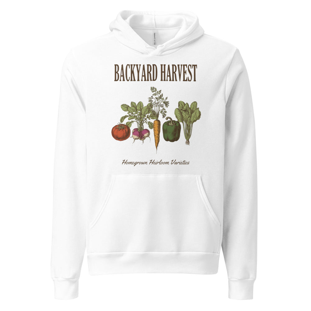 Backyard Harvest heirloom vegetable gardening hoodie — White, front