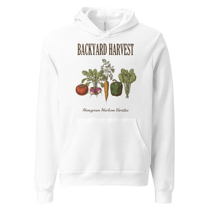 Backyard Harvest heirloom vegetable gardening hoodie — White, front