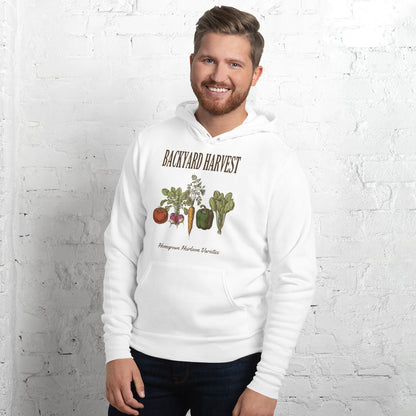 Backyard Harvest heirloom vegetable gardening hoodie — White, on model