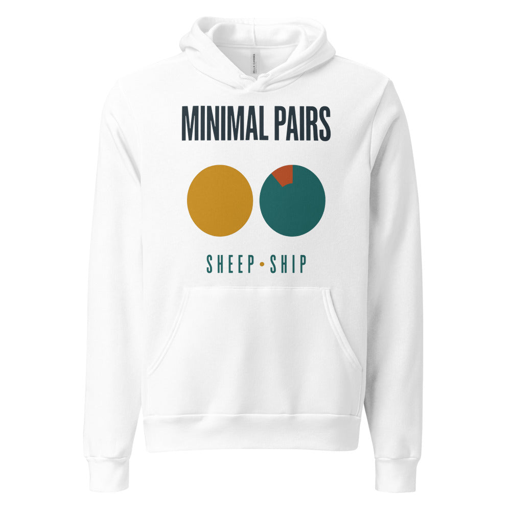 Minimal Pairs speech therapy hoodie — White, front