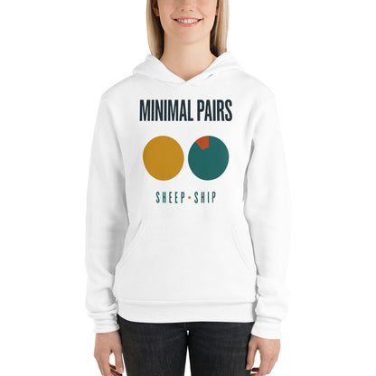Minimal Pairs speech therapy hoodie — White, on model