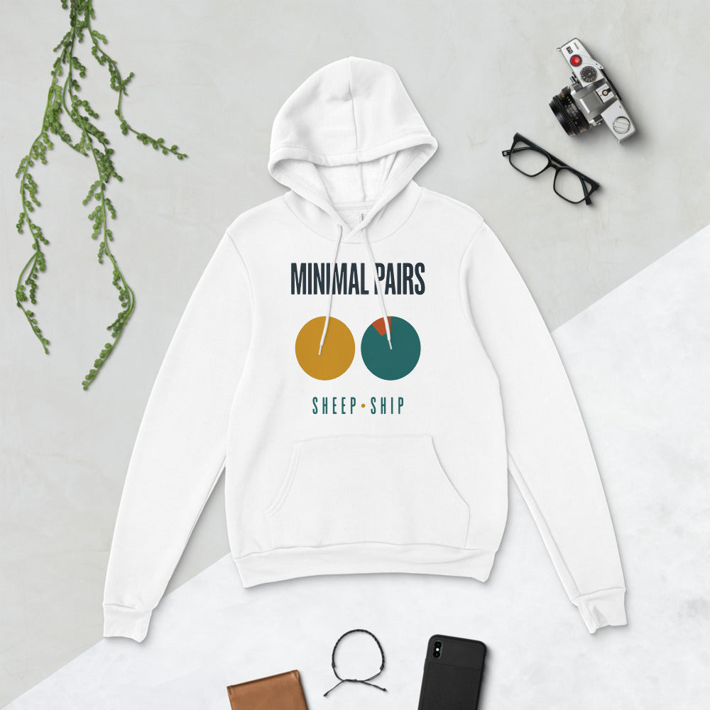 Minimal Pairs speech therapy hoodie — White, flat lay