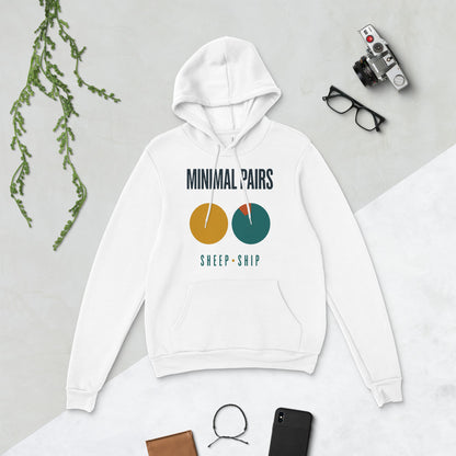 Minimal Pairs speech therapy hoodie — White, flat lay