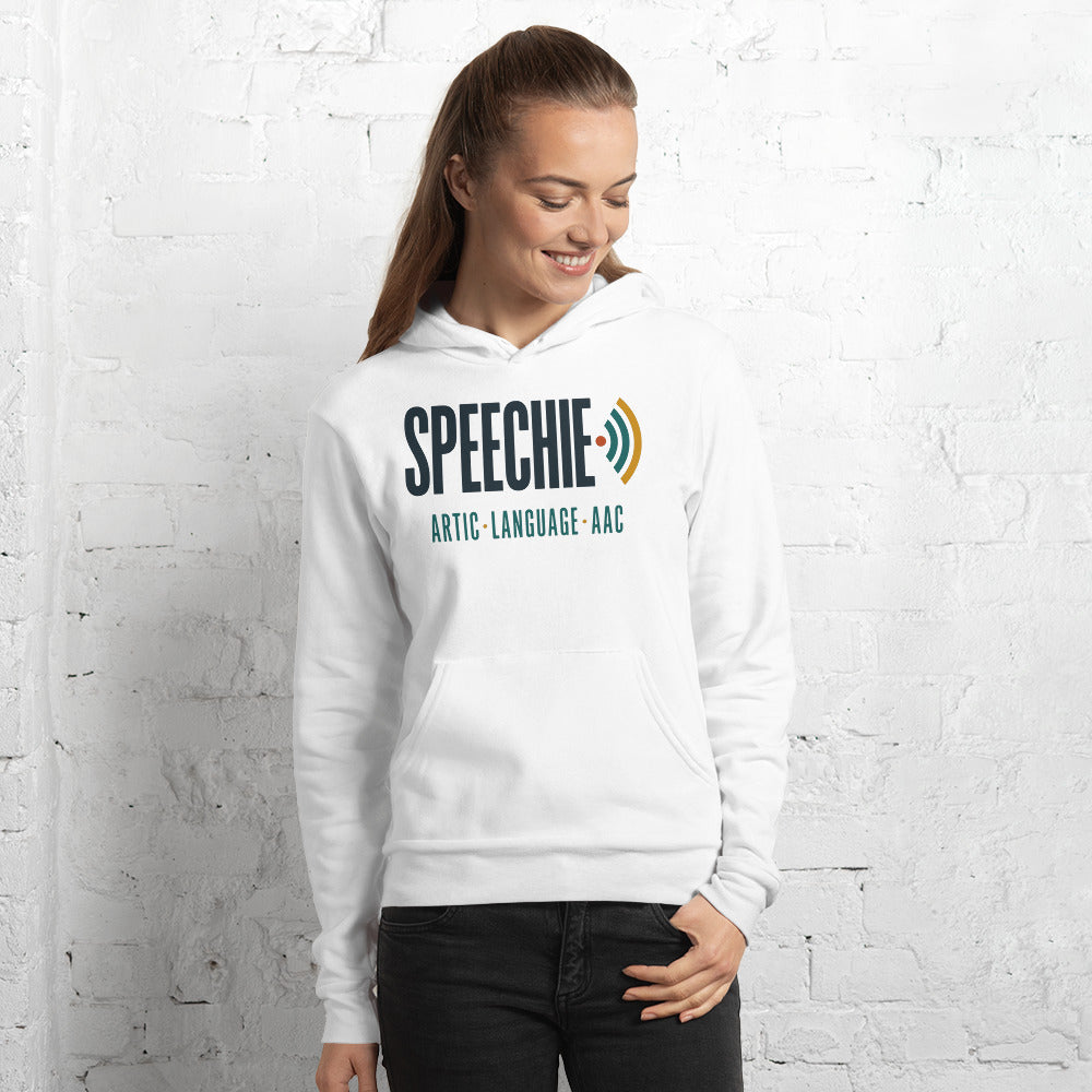 Speechie Wordmark speech therapy hoodie — White, on model