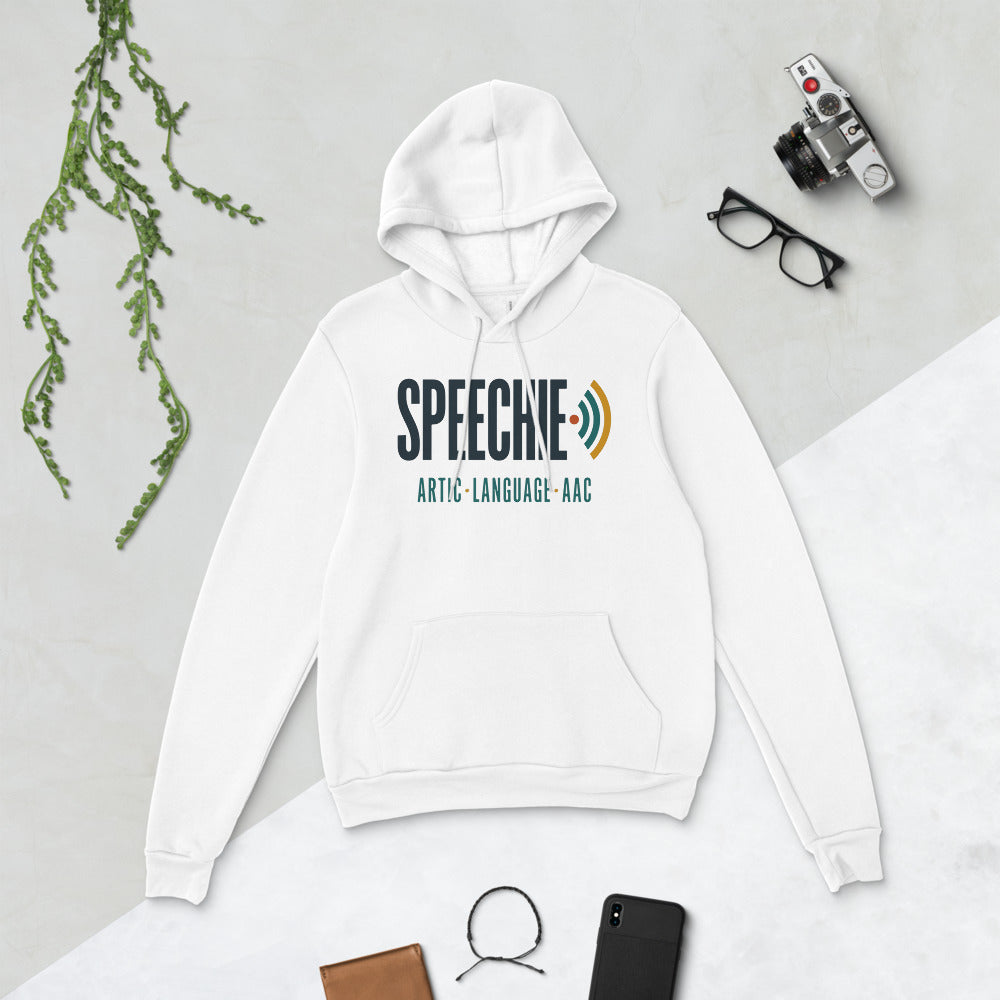 Speechie Wordmark speech therapy hoodie — White, flat lay