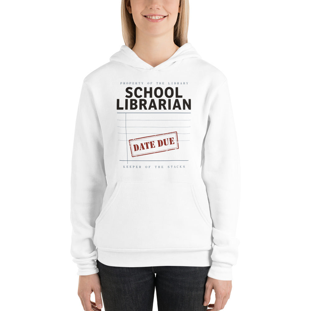 Property of the School Library card catalog school librarian hoodie — White, on model