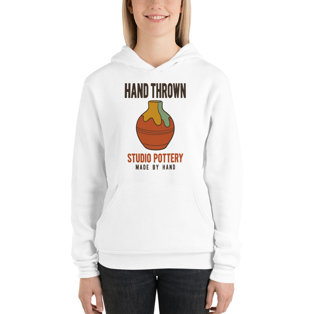 Hand Thrown Studio Pottery retro poster hoodie — White, on model