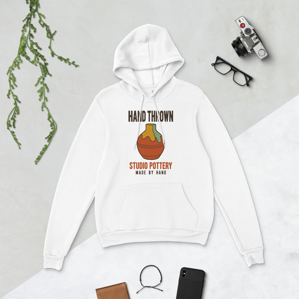 Hand Thrown Studio Pottery retro poster hoodie — White, flat lay