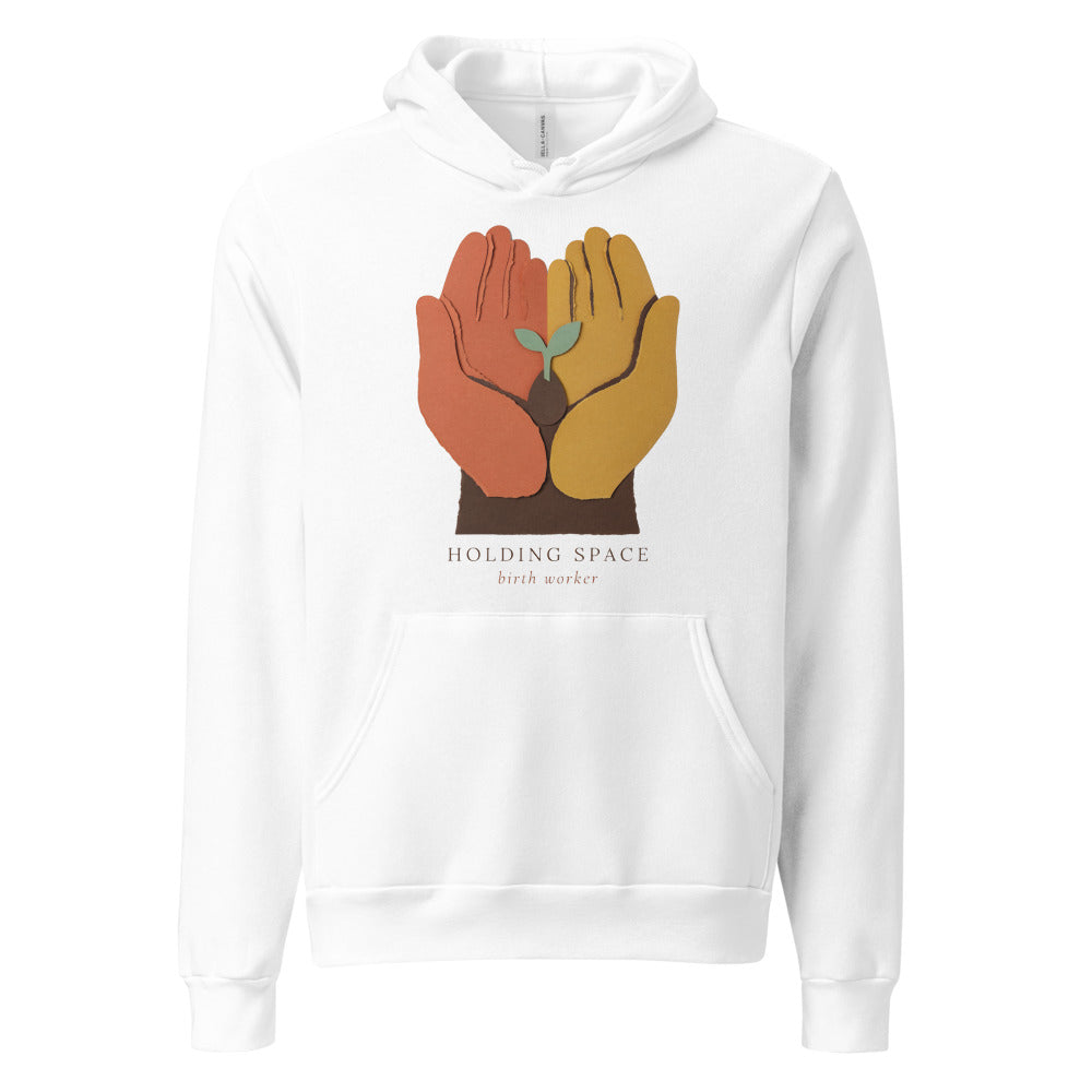 Holding Space birth worker doula hoodie — White, front