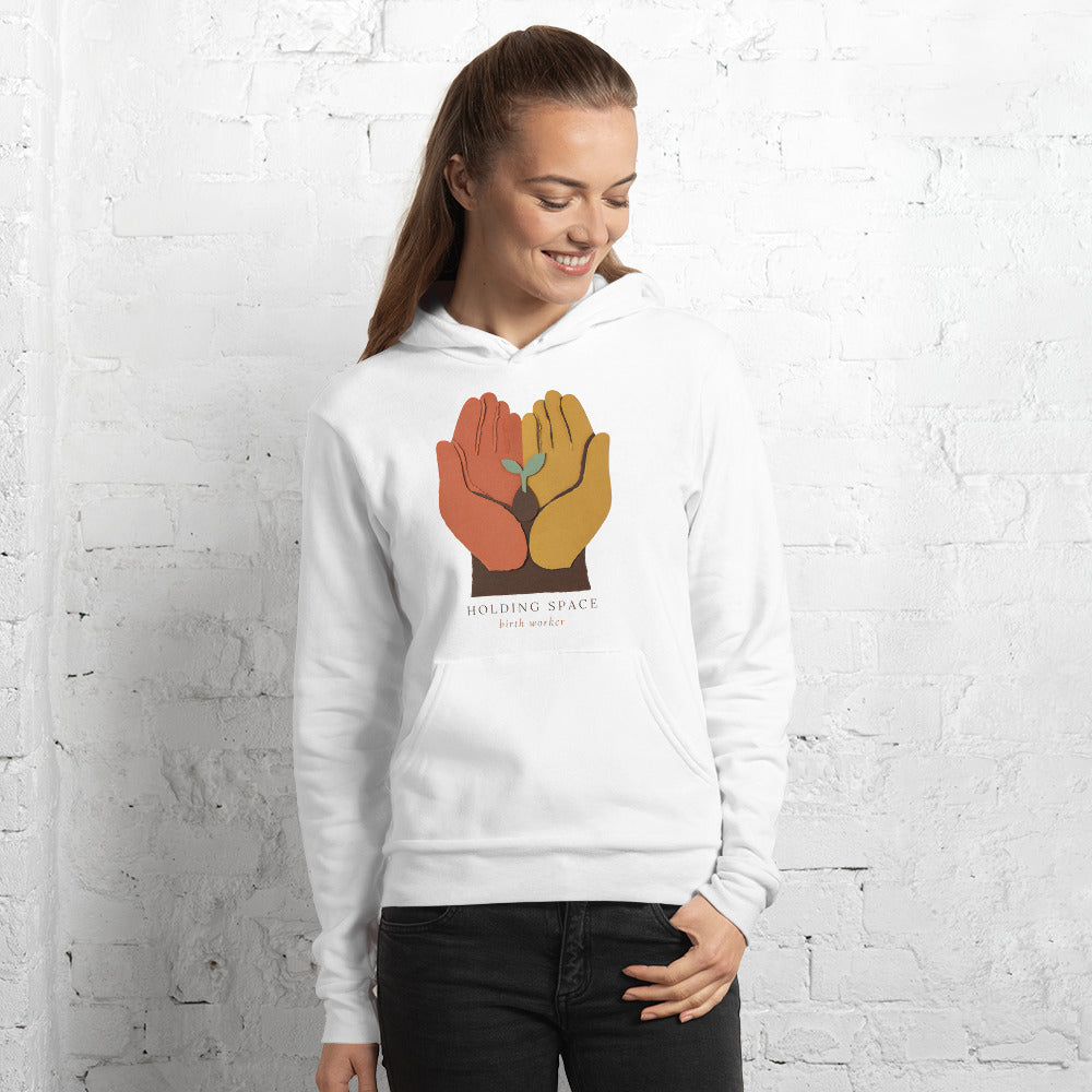 Holding Space birth worker doula hoodie — White, on model
