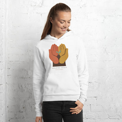 Holding Space birth worker doula hoodie — White, on model