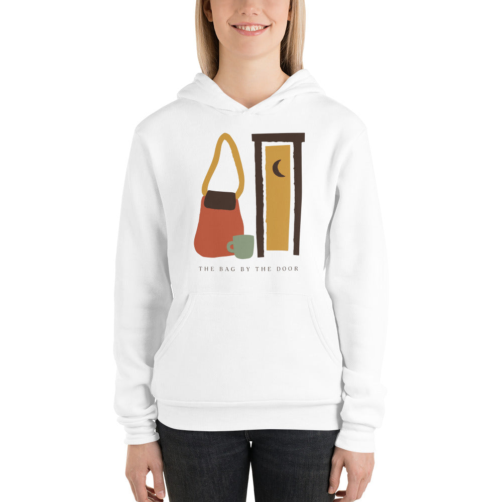 The Bag By The Door doula hoodie — White, on model
