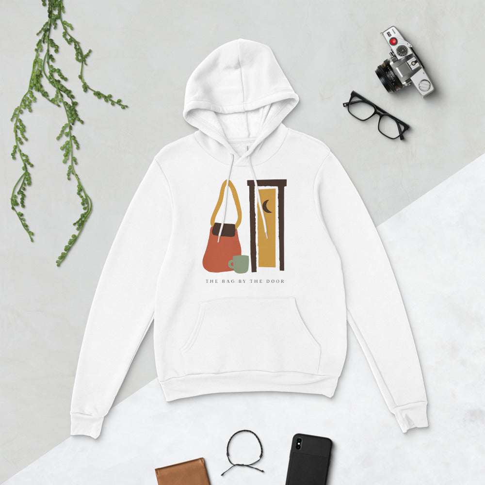 The Bag By The Door doula hoodie — White, flat lay