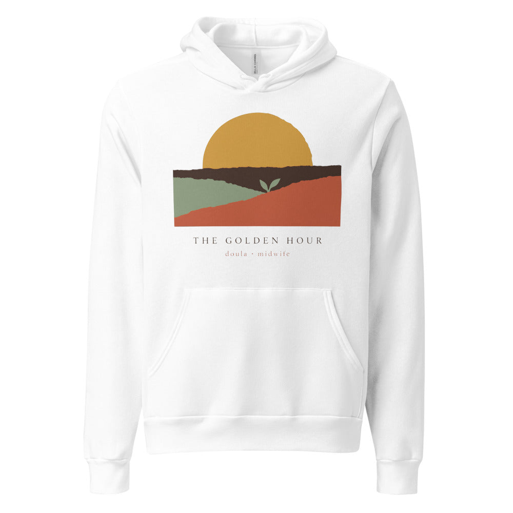 The Golden Hour birth worker doula hoodie — White, front