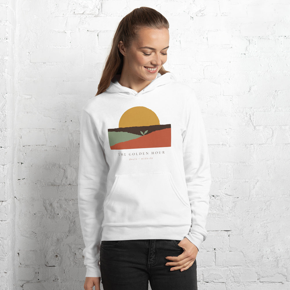 The Golden Hour birth worker doula hoodie — White, on model
