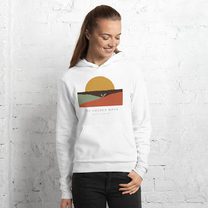 The Golden Hour birth worker doula hoodie — White, on model
