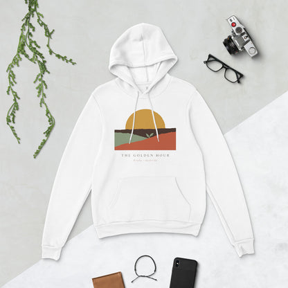 The Golden Hour birth worker doula hoodie — White, flat lay