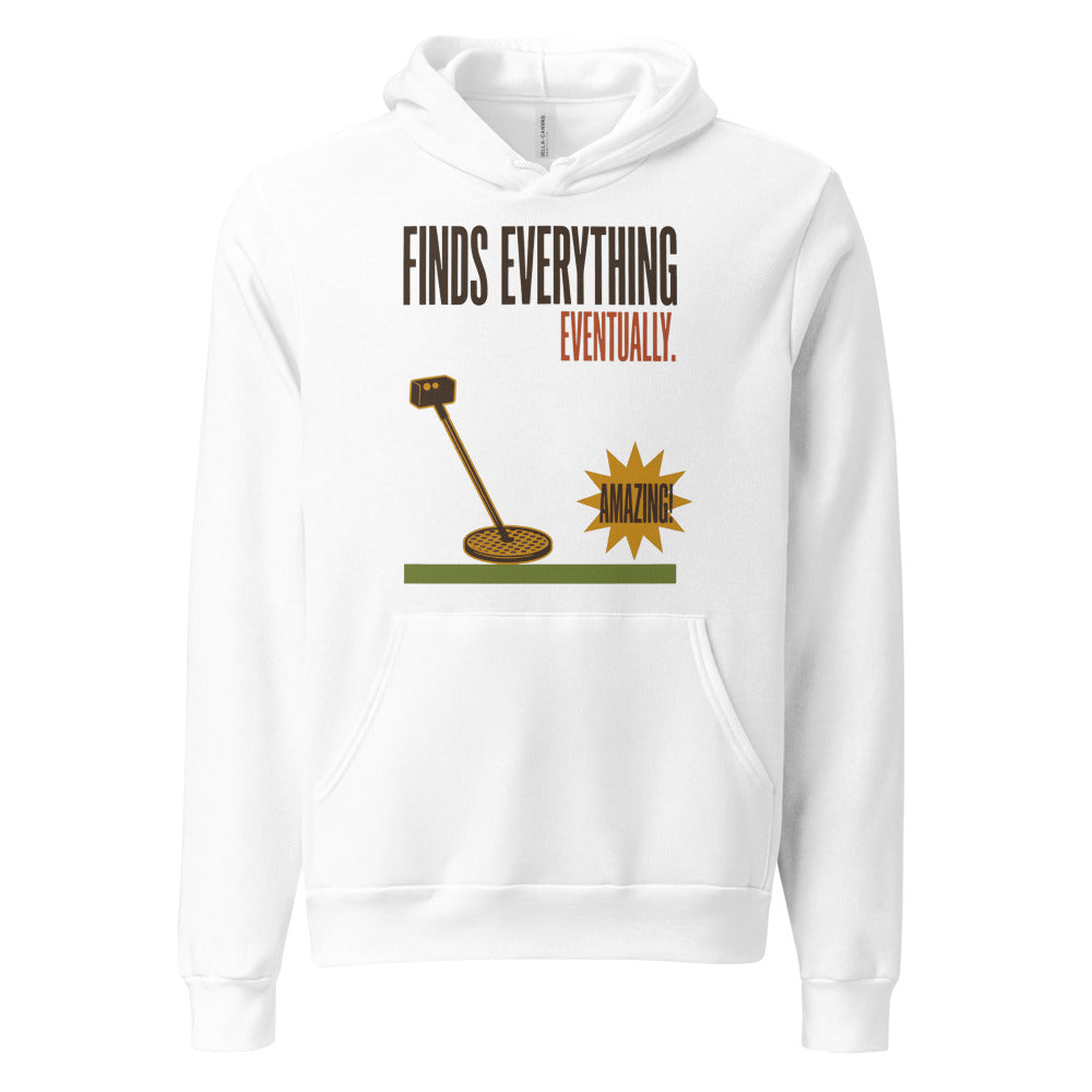 Finds Everything Eventually retro metal detecting hoodie — White, front