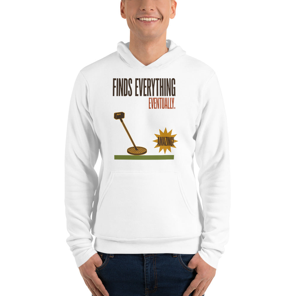 Finds Everything Eventually retro metal detecting hoodie — White, on model