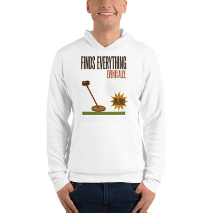 Finds Everything Eventually retro metal detecting hoodie — White, on model