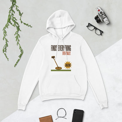 Finds Everything Eventually retro metal detecting hoodie — White, flat lay