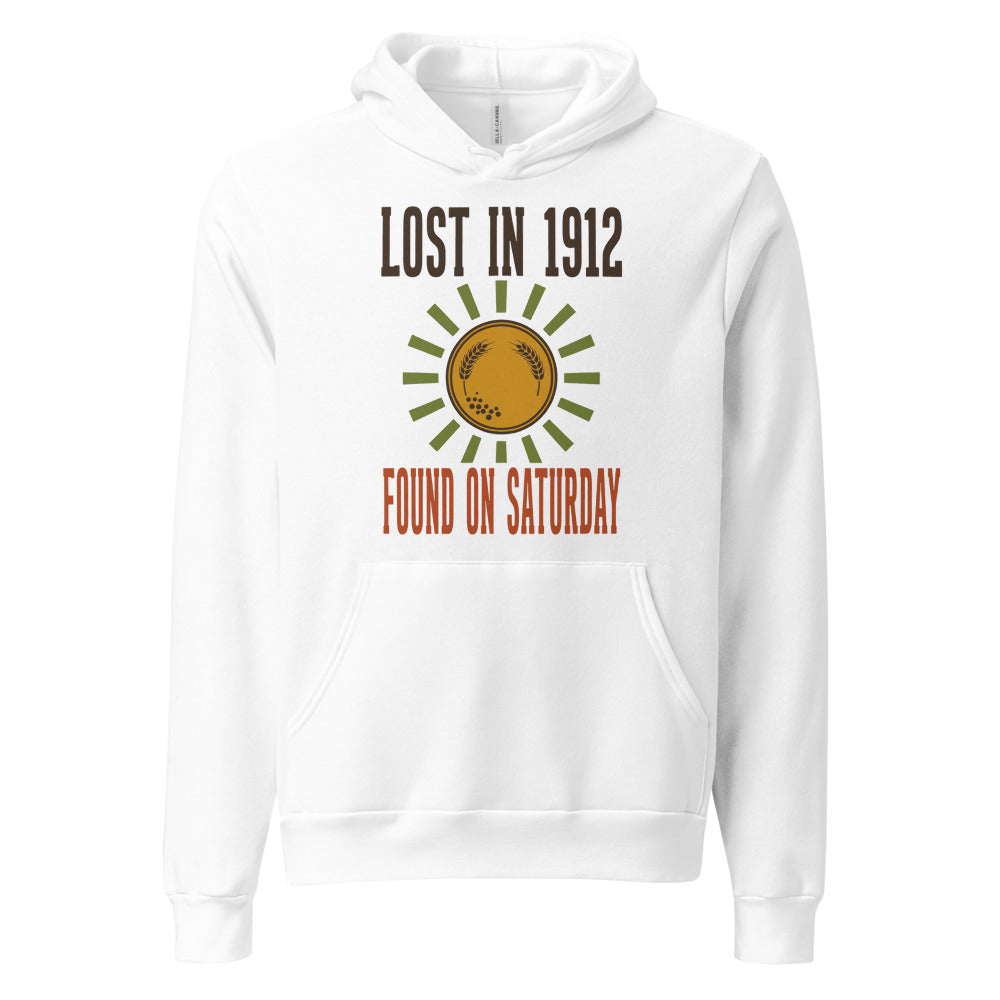 Lost in 1912 Found on Saturday retro metal detecting hoodie — White, front