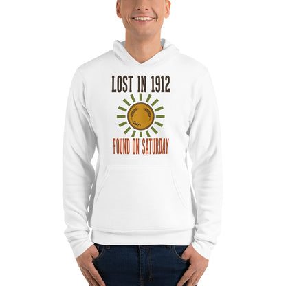 Lost in 1912 Found on Saturday retro metal detecting hoodie — White, on model