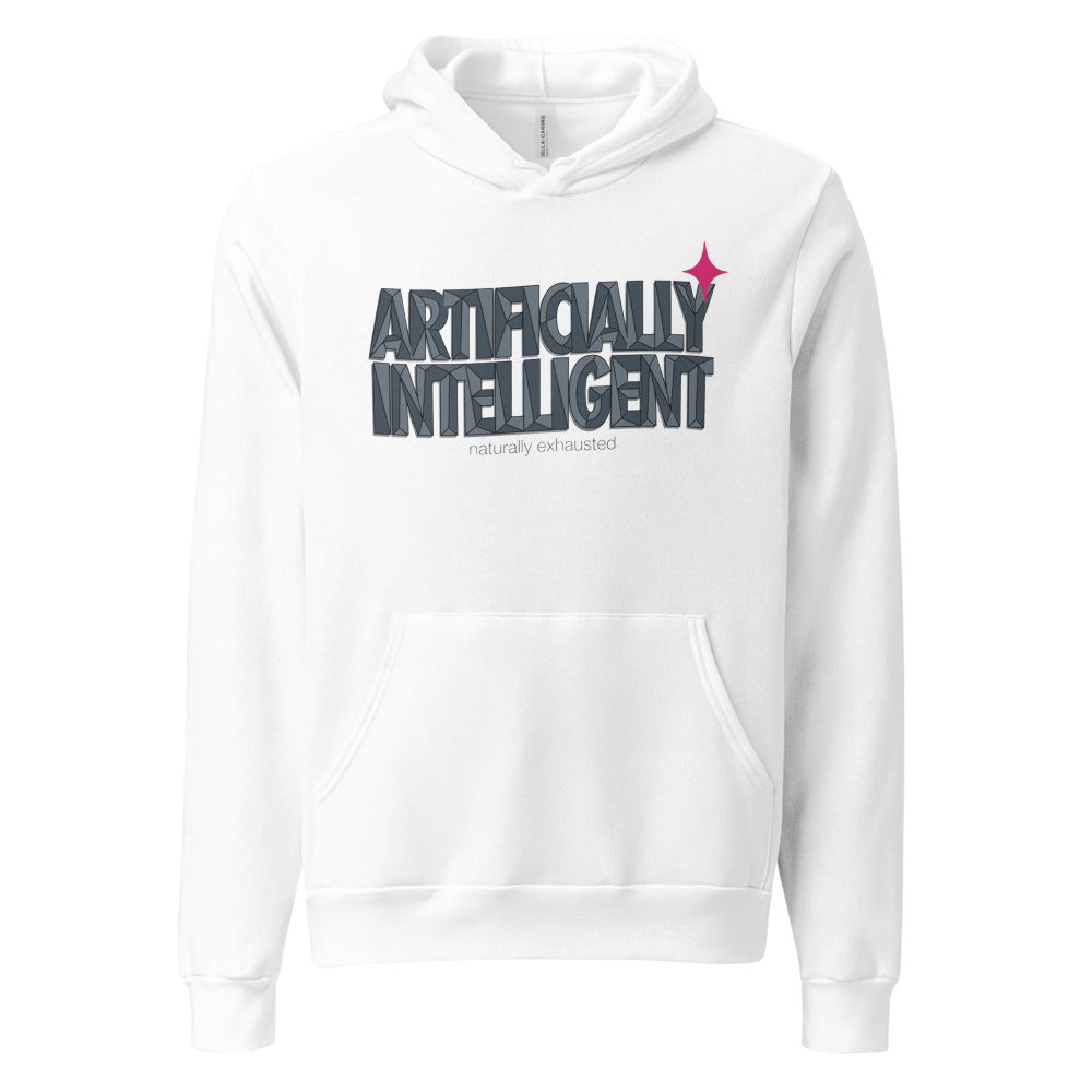 Artificially Intelligent funny AI pullover hoodie — White, front