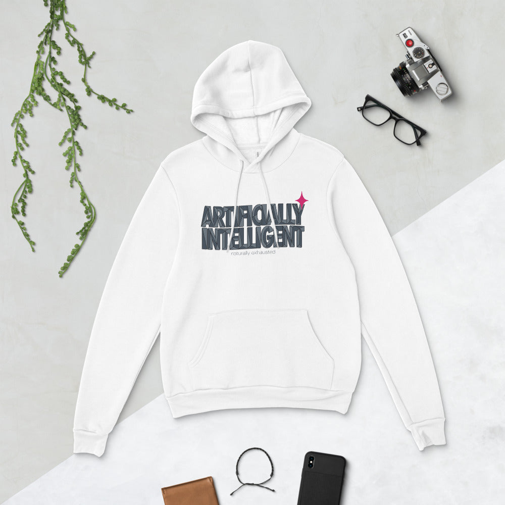 Artificially Intelligent funny AI pullover hoodie — White, flat lay