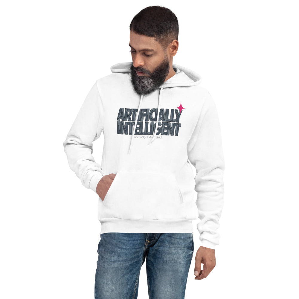 Artificially Intelligent funny AI pullover hoodie — White, on model