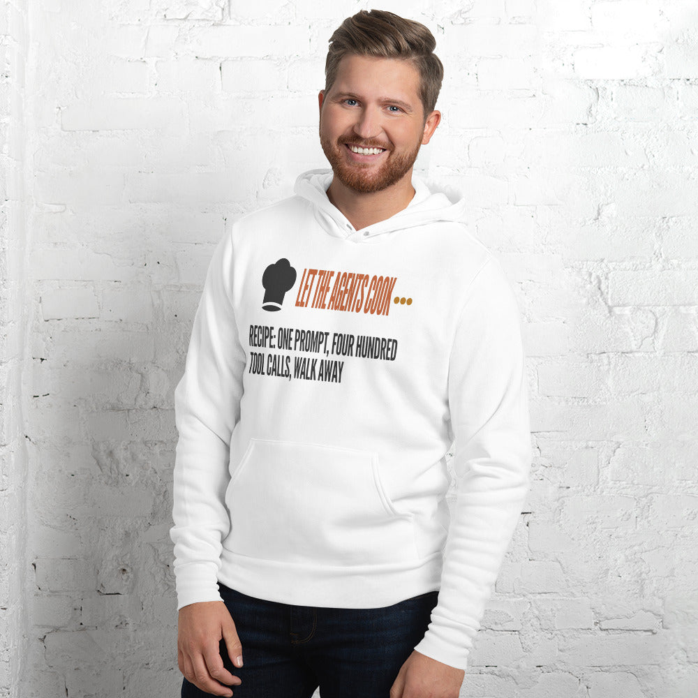 Let The Agents Cook hoodie — White, on model
