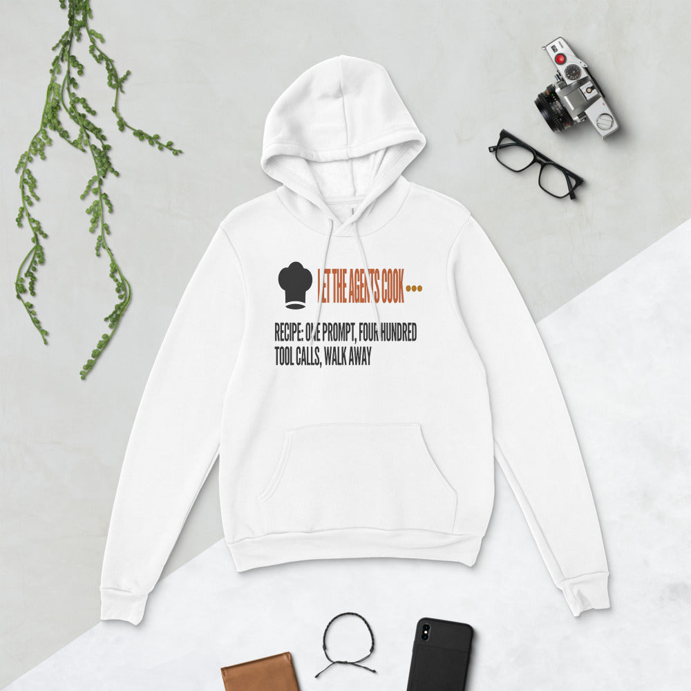 Let The Agents Cook hoodie — White, flat lay