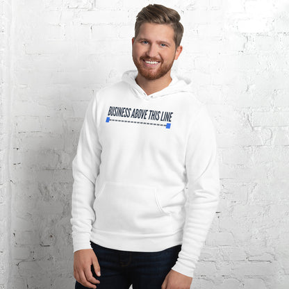 Business Above This Line pullover hoodie — White, on model