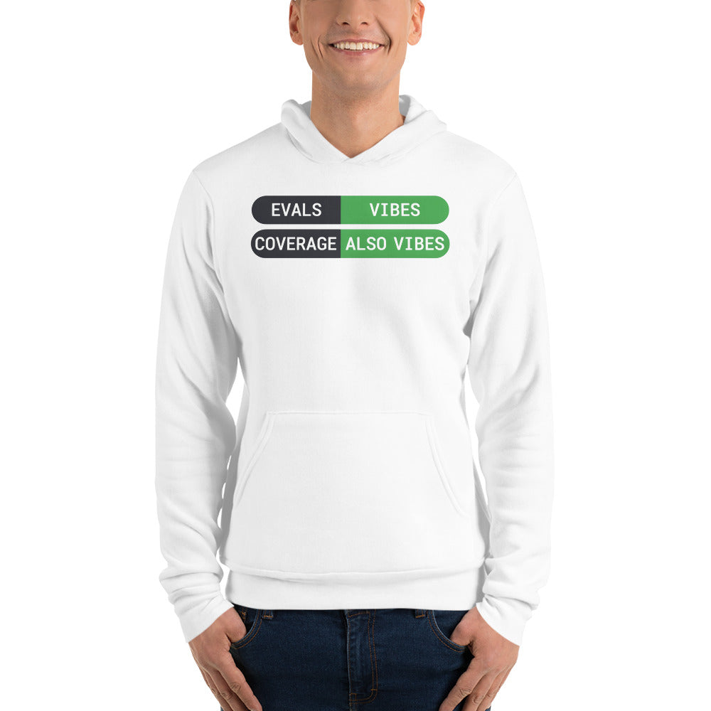 Eval Suite Vibes agentic AI engineer hoodie — White, on model