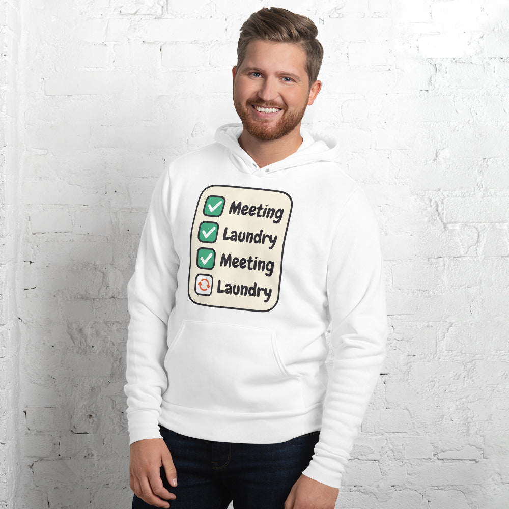 Meeting Laundry funny work from home unisex hoodie — White, on model