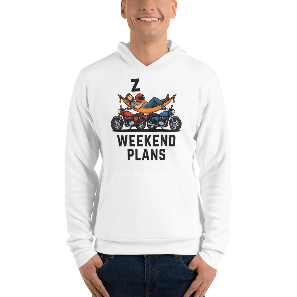 Weekend Plans funny motorcycle dad hoodie — White, on model
