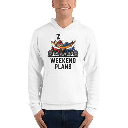 Weekend Plans funny motorcycle dad hoodie — White, on model