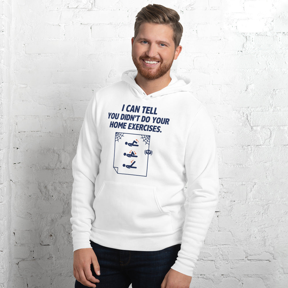 Home Exercises funny physical therapy hoodie — White, on model