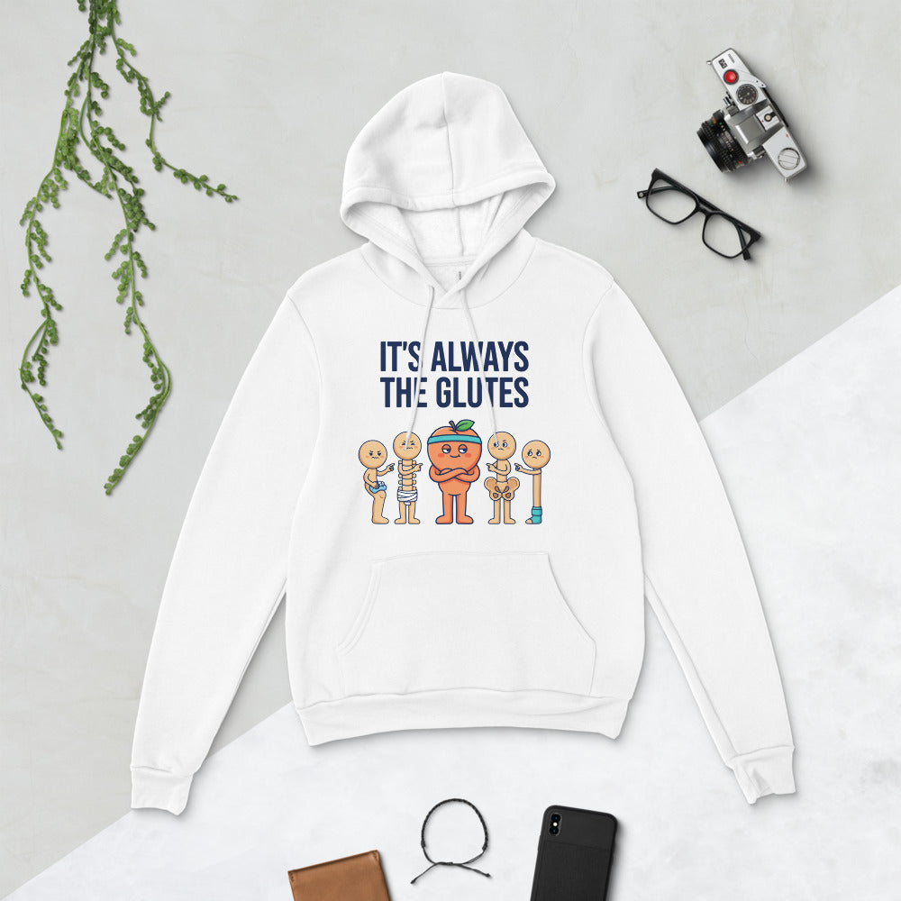 Always The Glutes funny physical therapy hoodie — White, flat lay