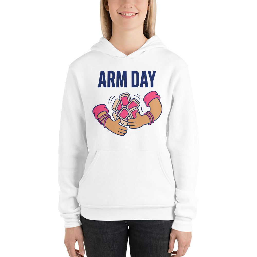 Arm Day funny mahjong hoodie — White, on model