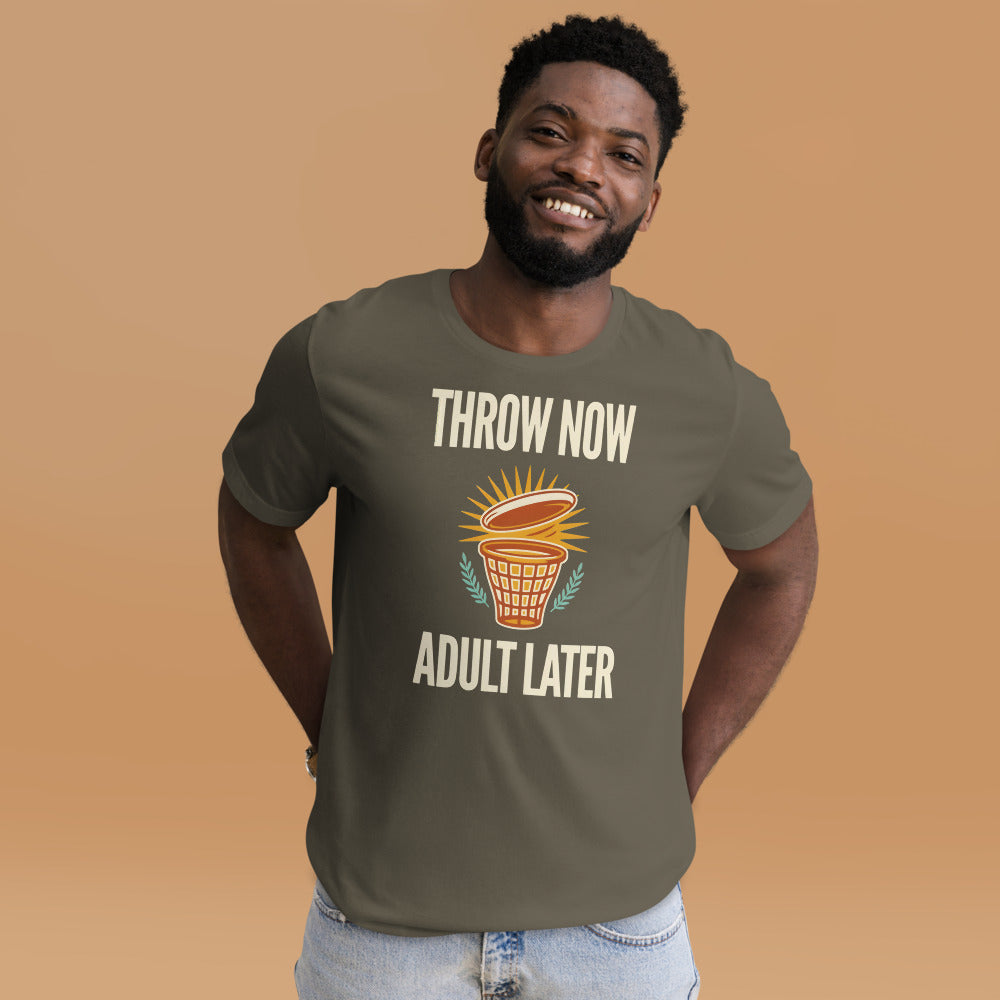 Throw Now Adult Later disc golf retro tee on model — Army