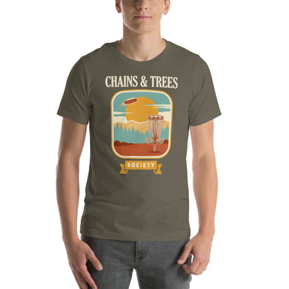 Chains & Trees Society disc golf retro landscape tee — Army, model