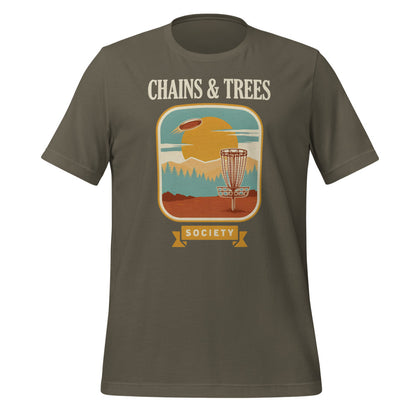 Chains & Trees Society disc golf retro landscape tee — Army, front