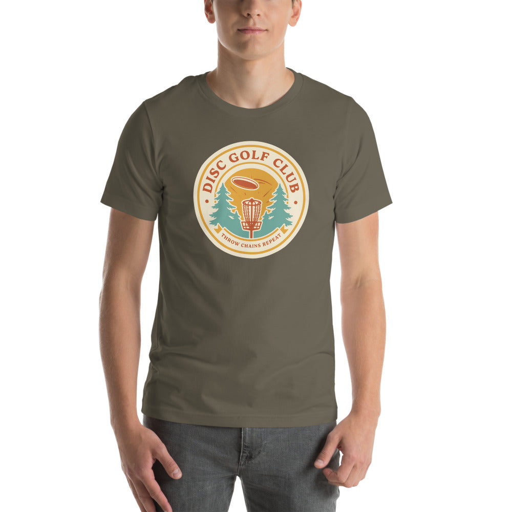 Disc Golf Club retro badge tee — Army, on model