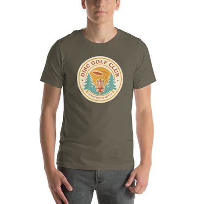 Disc Golf Club retro badge tee — Army, on model