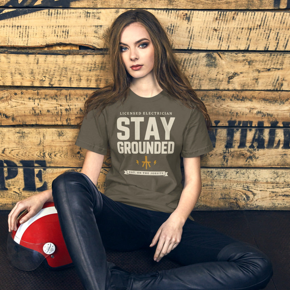 Stay Grounded funny electrician tee — Army, on model