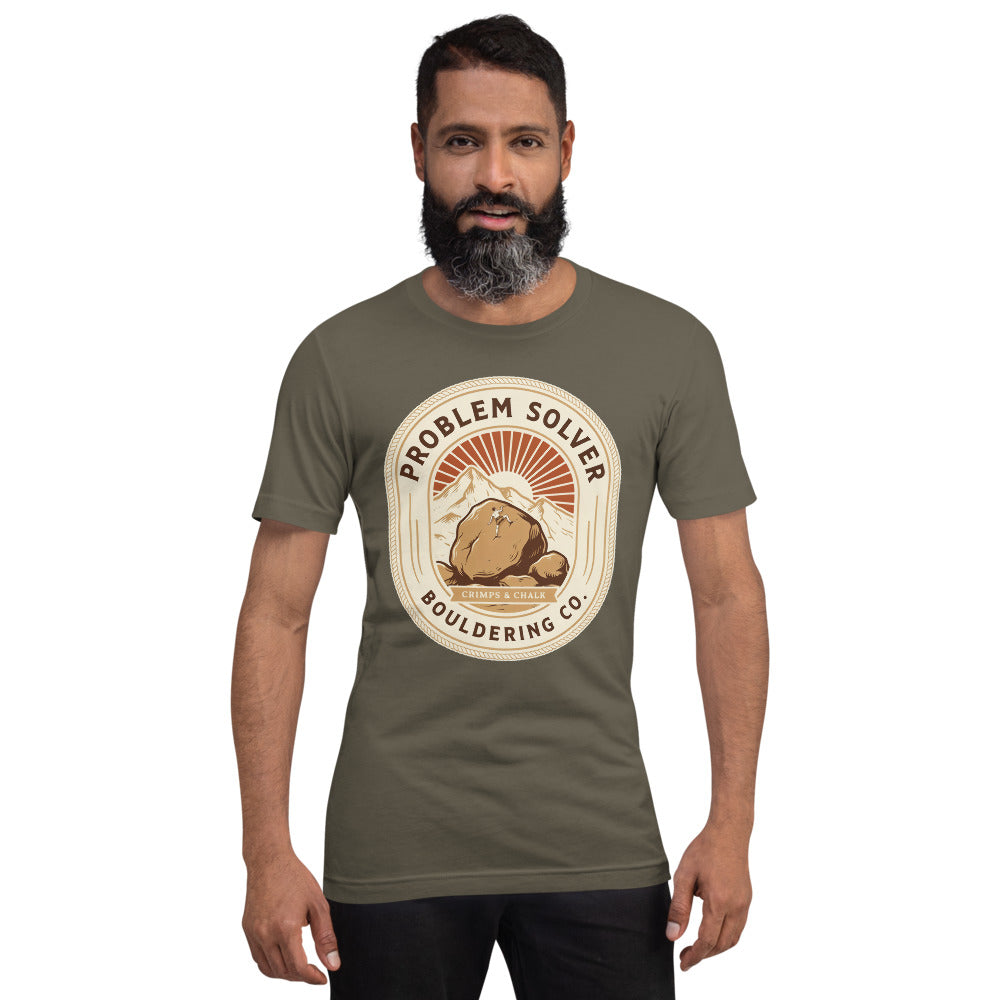 Problem Solver Bouldering Badge t-shirt — Army, on model