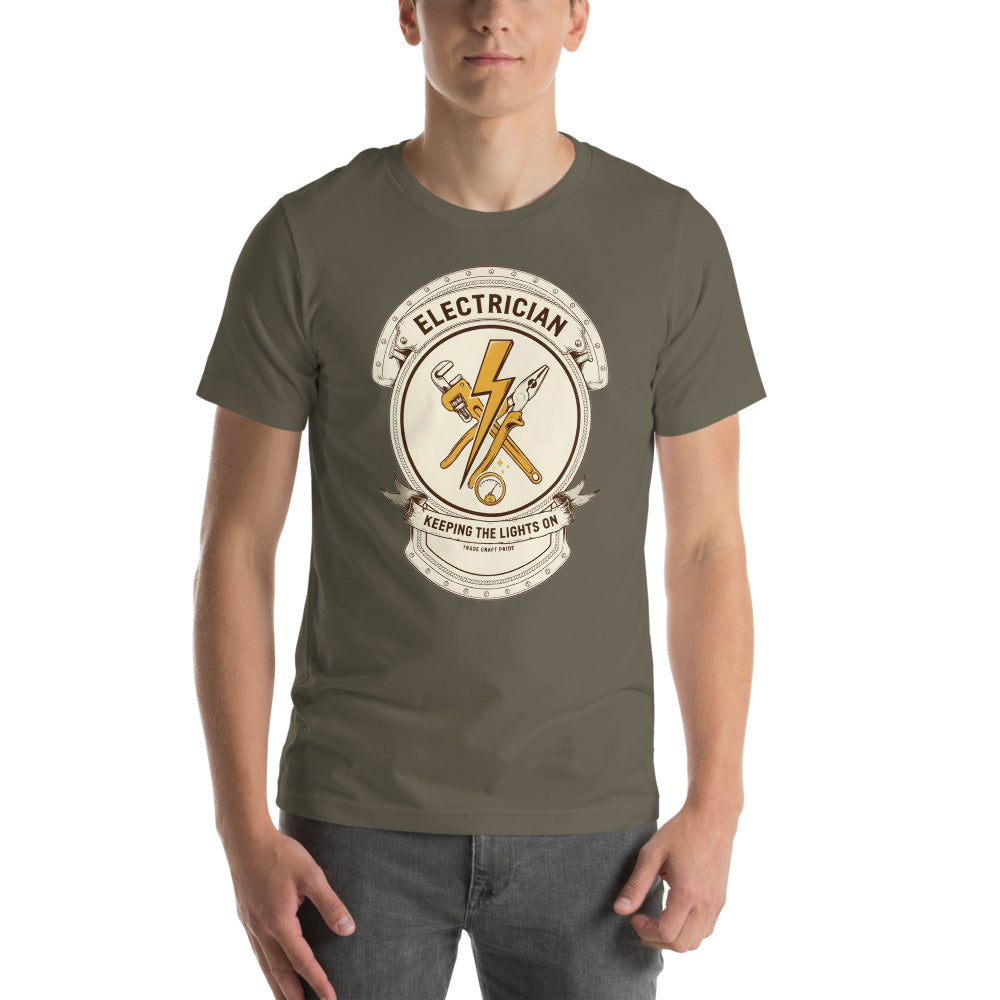 Electrician Journeyman trade crest tee — Army, on model