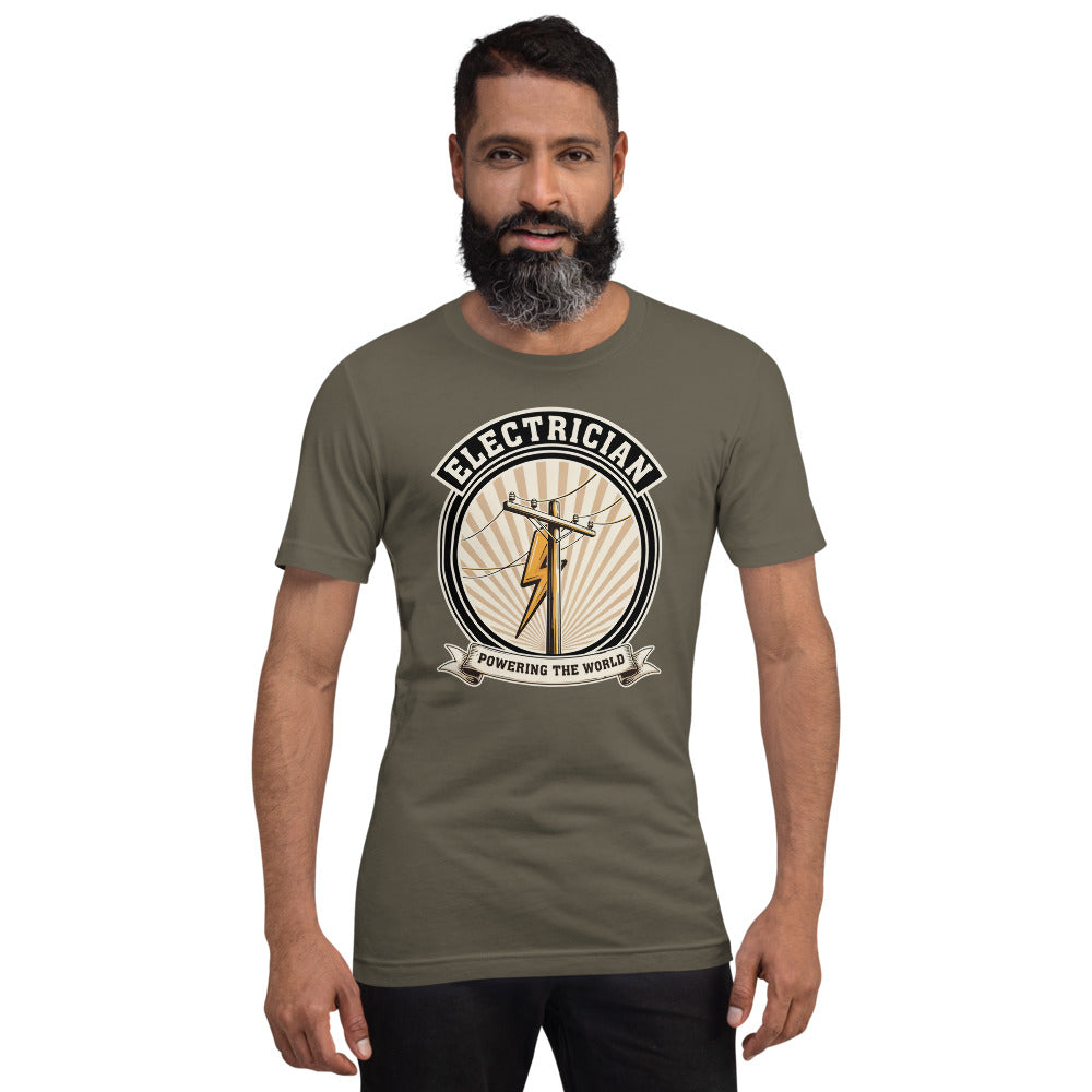 Powering The World electrician emblem tee — Army, on model